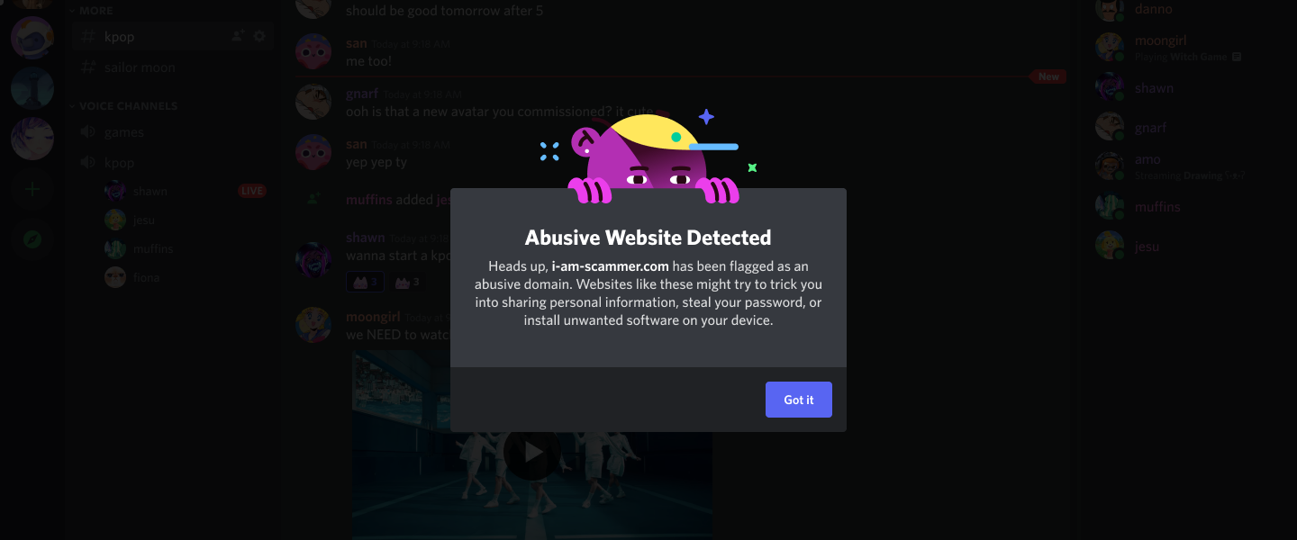 the dialog box informing the user that a known bad domain was clicked, forbidding them from continuing the dialog box informing the user that a known bad domain was clicked, forbidding them from continuing