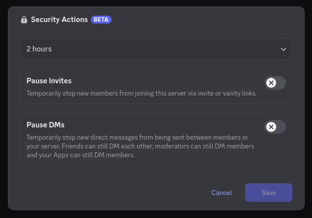 The 'Security Actions' pane showing the ability to pause invites and pause DMs between members who share the server but are not friends
