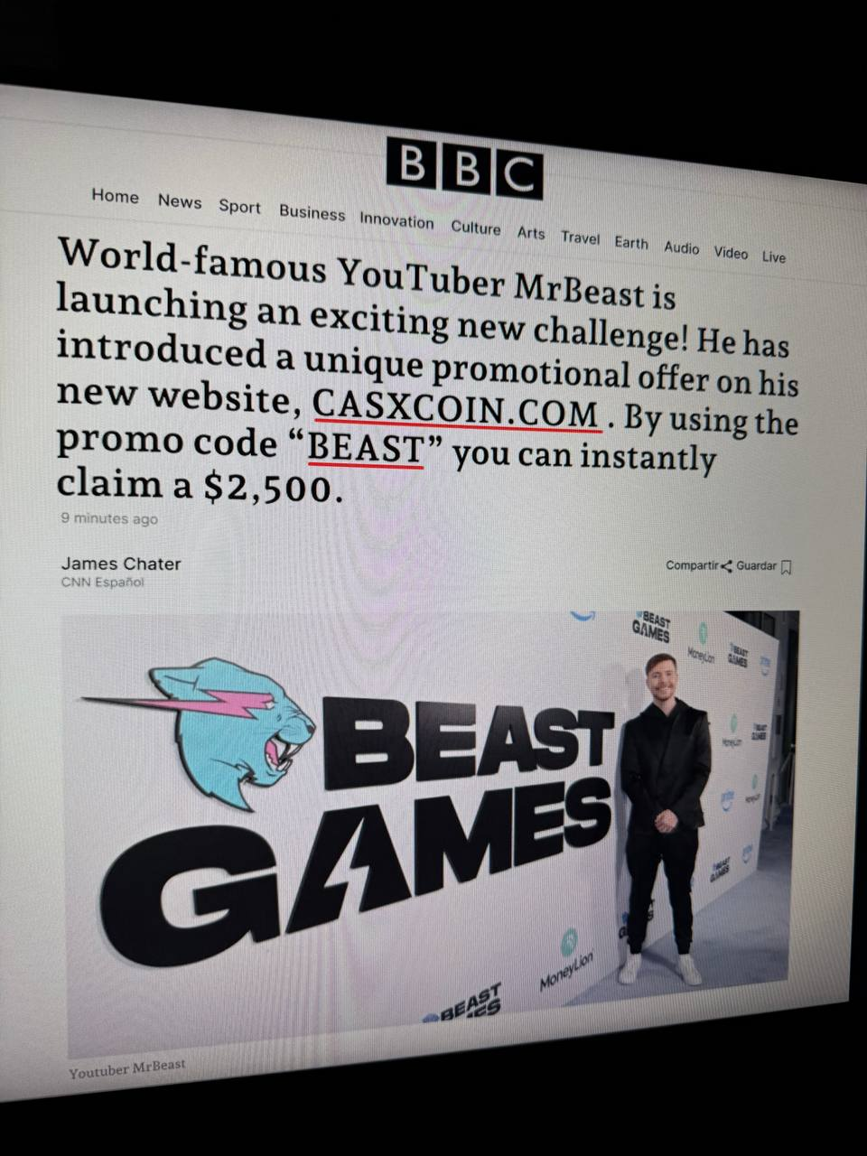 a sample of the mr beast scam showing a fake news article with a link to go to